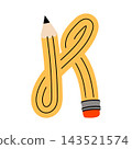 Fun uppercase letter K made from a classic yellow pencil. Children's alphabet for educational materials. 143521574