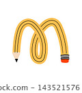 A creative uppercase letter M illustrated as a classic yellow wooden pencil. Fun children's alphabet for stationery and educational materials. 143521576