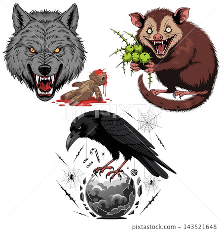The image shows a set of dark vector illustrations in a horror style The image shows a set of dark vector illustrations in a horror style 143521648