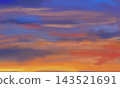 Painterly Sunset Sky Background with Blue and Orange Brushstrokes 143521691