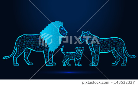 Low poly wireframe lion family on dark blue background. Low poly wireframe lion family on dark blue background. 143522327