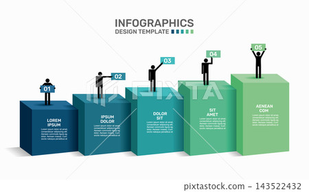 Infographic design template with five growing bar steps and stick figures celebrating. Vector illustration. Infographic design template with five growing bar steps and stick figures celebrating. Vector illustration. 143522432