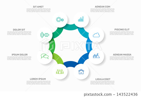Circular infographics template with colorful steps and business icons for process workflow design. Vector illustration. Circular infographics template with colorful steps and business icons for process workflow design. Vector illustration. 143522436