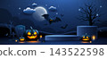 Halloween podium dark blue color, scary pumpkin, bat flying, banner design on cloud and full moon 143522598