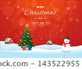 Merry Christmas and Happy new year,Winter landscape with village and cute snowman on red background 143522955