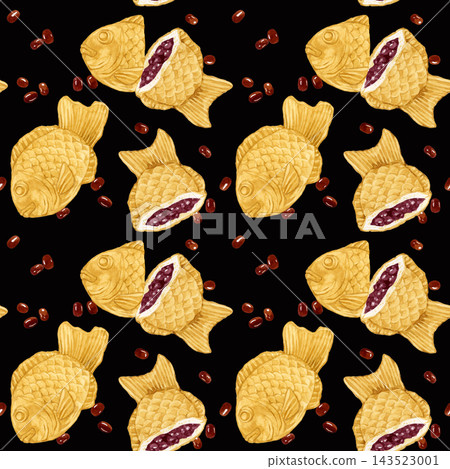 鯛魚燒(魚形蛋糕)無縫圖案 - 手繪水彩插畫素材 鯛魚燒(魚形蛋糕)無縫圖案 - 手繪水彩插畫素材 143523001