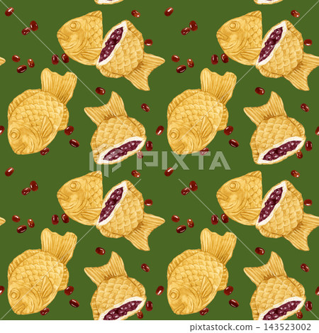 Seamless pattern of taiyaki (fish-shaped cake) - hand-drawn watercolor illustration material Seamless pattern of taiyaki (fish-shaped cake) - hand-drawn watercolor illustration material 143523002