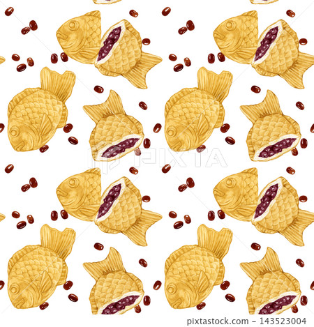Seamless pattern of taiyaki (fish-shaped cake) - hand-drawn watercolor illustration material Seamless pattern of taiyaki (fish-shaped cake) - hand-drawn watercolor illustration material 143523004