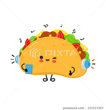 Taco character using smartphone and headphones 143523307