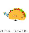 Cute taco character holding blue megaphone 143523308