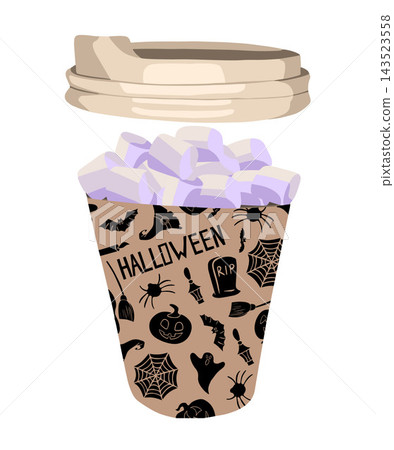 Vector isolated illustration of a takeaway drink with marshmallows. A festive hot drink for Halloween. Vector isolated illustration of a takeaway drink with marshmallows. A festive hot drink for Halloween. 143523558