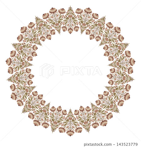 Vector frame with tracery folk art flowers and copy space. Round decorative ornate floral composition Vector frame with tracery folk art flowers and copy space. Round decorative ornate floral composition 143523779
