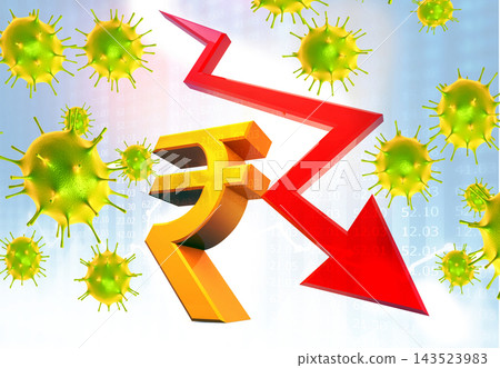 Coronavirus affecting economy.Indian rupee symbol with falling arrow Coronavirus affecting economy.Indian rupee symbol with falling arrow 143523983