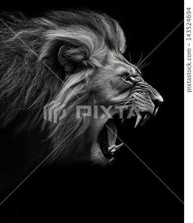 Roaring lion in wildlife with majestic mane, captured in a vivid safari portrait of nature's predator 143524694