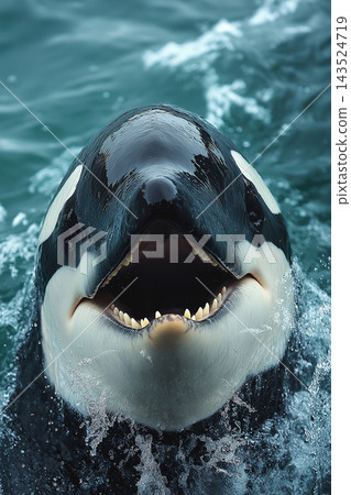 Playful orca whale cresting the ocean surface with splashes and water droplets Playful orca whale cresting the ocean surface with splashes and water droplets 143524719