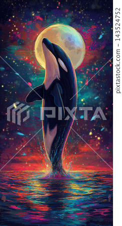 Orca whale breaching in colorful night ocean under moonlight, fantasy marine art scene Orca whale breaching in colorful night ocean under moonlight, fantasy marine art scene 143524752