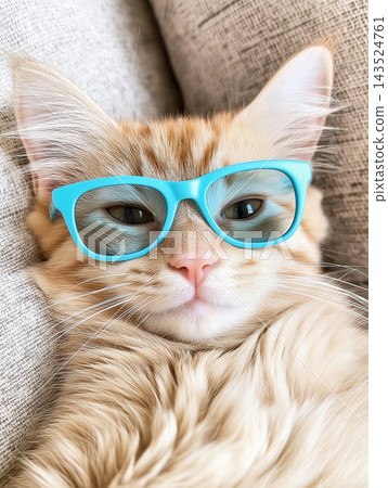 Adorable Maine Coon cat wearing glasses, relaxed and fluffy on couch, cute furry pet lounging Adorable Maine Coon cat wearing glasses, relaxed and fluffy on couch, cute furry pet lounging 143524761