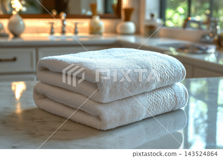 Soft and fluffy towel in a luxurious marble bathroom with fresh ambiance Soft and fluffy towel in a luxurious marble bathroom with fresh ambiance 143524864