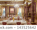 Opulent Red and Gold Luxury Dining Room in Grand Palace Banquet Hall With Chandeliers and Ornate Decor 143525642