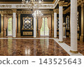 3D render. Luxurious Ornate Ballroom Interior With Gold Chandeliers, Marble Columns and Parquet Floor in a Grand Palace 143525643