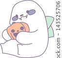 A cute white sloth character illustration (vector) holding a Halloween pumpkin. 143525706