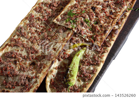 Turkish traditional minced meat pide. Turkish pizza, Etliekmek. Turkish traditional minced meat pide. Turkish pizza, Etliekmek. 143526260