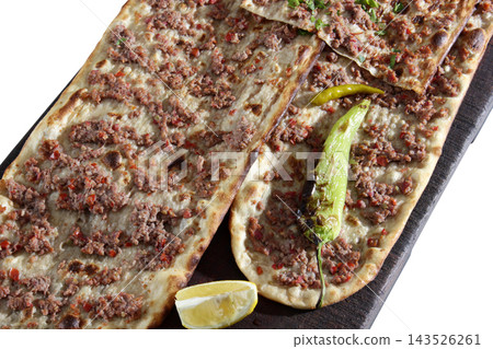 Turkish traditional minced meat pide. Turkish pizza, Etliekmek. Turkish traditional minced meat pide. Turkish pizza, Etliekmek. 143526261