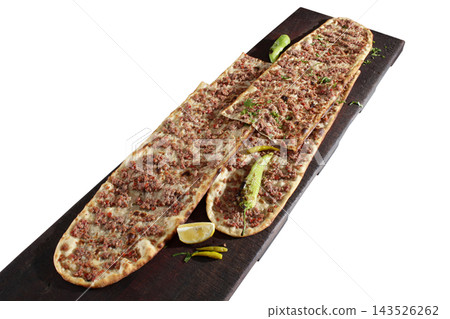 Turkish traditional minced meat pide. Turkish pizza, Etliekmek. Turkish traditional minced meat pide. Turkish pizza, Etliekmek. 143526262