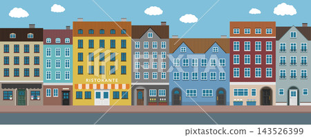 Flat illustration: Colorful European-style building landscape Flat illustration: Colorful European-style building landscape 143526399