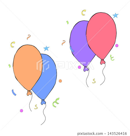 two balloons Happy birthday composition colored hand drawn illustration. Vector graphic line ink art. Perfect for logo, branding, packaging, labels, and modern decor design 143526416
