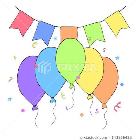 party balloons, decorative garlands, confetti Happy birthday composition colored hand drawn illustration. Vector graphic line ink art. For logo, web, package, sticker. textile, cards. party balloons, decorative garlands, confetti Happy birthday composition colored hand drawn illustration. Vector graphic line ink art. For logo, web, package, sticker. textile, cards. 143526422