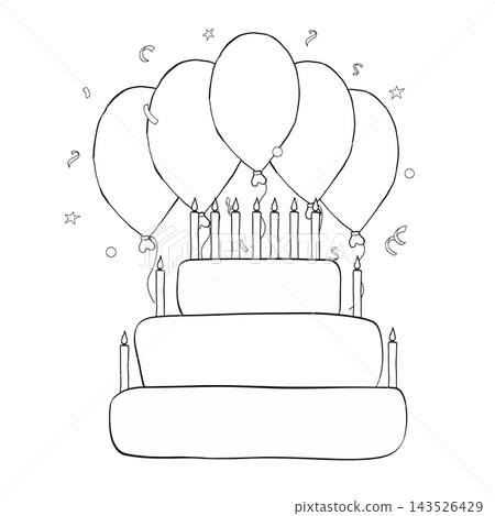Happy birthday cake with candles and balloons composition Black and white hand drawn illustration. Vector graphic line ink art. Perfect for logo, branding, packaging, labels, and modern decor design. 143526429