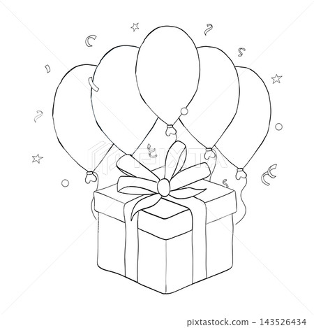Balloons, confetti, gift box Happy birthday composition Black and white hand drawn illustration. Vector graphic line ink art. Perfect for logo, branding, packaging, labels, and modern decor design. 143526434
