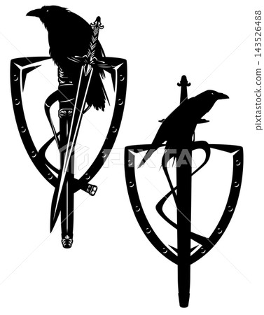 fantasy knight sword with raven bird and heraldic shield black and white vector design set fantasy knight sword with raven bird and heraldic shield black and white vector design set 143526488
