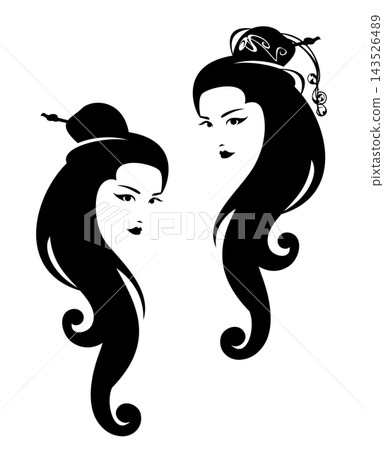 asian fantasy beautiful woman with long hair black and white vector head portrait 143526489