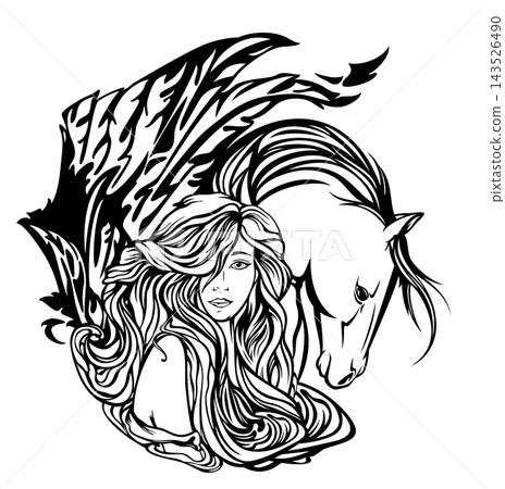 art nouveau style fantasy woman and pegasus horse coloring page black and white vector design art nouveau style fantasy woman and pegasus horse coloring page black and white vector design 143526490