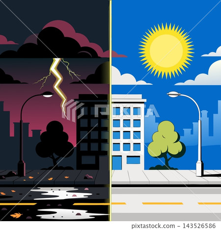The image shows a split-screen vector illustration, with a dark, stormy night scene on the left and a bright, sunny day scene on the right The image shows a split-screen vector illustration, with a dark, stormy night scene on the left and a bright, sunny day scene on the right 143526586