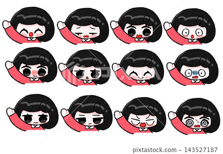 A set of hand-drawn illustrations of a girl with black bobbed hair raising her right hand, with different facial expressions. A set of hand-drawn illustrations of a girl with black bobbed hair raising her right hand, with different facial expressions. 143527187