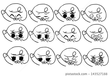 A set of line art illustrations featuring a hand-drawn girl with a bob haircut and her right hand raised, showing various facial expressions. A set of line art illustrations featuring a hand-drawn girl with a bob haircut and her right hand raised, showing various facial expressions. 143527188