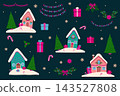 Cute winter village vector illustrations set featuring snowy cottage houses, evergreen trees, present boxes, floral wreaths, and light garlands for seasonal marketing and digital content 143527808