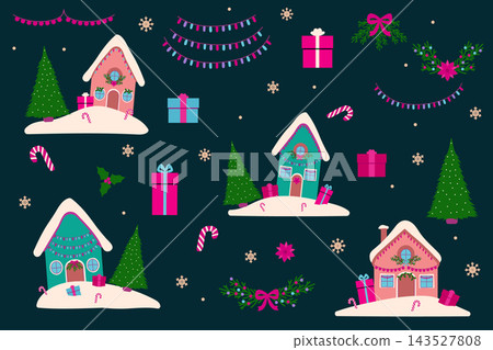 Cute winter village vector illustrations set featuring snowy cottage houses, evergreen trees, present boxes, floral wreaths, and light garlands for seasonal marketing and digital content Cute winter village vector illustrations set featuring snowy cottage houses, evergreen trees, present boxes, floral wreaths, and light garlands for seasonal marketing and digital content 143527808