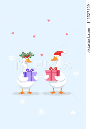 Cute white goose pair exchanging holiday gift boxes in flat vector illustration, wearing mistletoe head wreath and red Santa hat with snowflakes and romantic hearts background 143527809