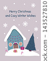 Merry Christmas and cozy winter wishes cute flat vector illustration with snowy cottage house, fir tree, gifts, candy canes, garlands, and snowflakes on pastel background for holiday greeting cards 143527810