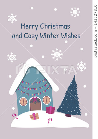 Merry Christmas and cozy winter wishes cute flat vector illustration with snowy cottage house, fir tree, gifts, candy canes, garlands, and snowflakes on pastel background for holiday greeting cards Merry Christmas and cozy winter wishes cute flat vector illustration with snowy cottage house, fir tree, gifts, candy canes, garlands, and snowflakes on pastel background for holiday greeting cards 143527810
