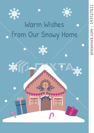 Cozy winter holiday greeting card vector illustration with cute blue house, snow cover, christmas tree, gift boxes, festive light garland, and hand drawn lettering quote for seasonal campaign Cozy winter holiday greeting card vector illustration with cute blue house, snow cover, christmas tree, gift boxes, festive light garland, and hand drawn lettering quote for seasonal campaign 143527811