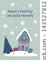 Merry Christmas vector illustration with cute snowy cabin house, evergreen tree, presents, snowflakes, and festive typography quote for cozy winter holidays design and social media posts 143527812
