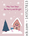 Merry Christmas vector illustration featuring cute snowy cabin, evergreen tree, gift box, falling snowflakes, and festive typography quote for seasonal social media and digital content 143527813
