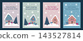 Cozy Christmas cottage greeting cards set vector illustration, featuring snowy houses, fir trees, gifts, garlands, and different festive greetings on soft pastel backgrounds for holiday branding 143527814