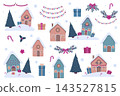 Cozy Christmas clip art set flat vector illustration with snowy houses, fir trees, gift boxes, festive light garlands, candy canes, and snowflakes for holiday branding and seasonal design 143527815