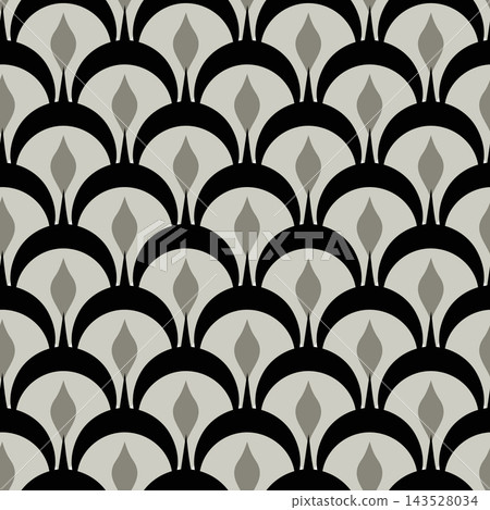 Seamless geometric pattern with repeating arch shapes in black, gray, and beige, creating modern decorative surface for wallpaper, fabric, wrapping paper, textile, and interior design use. Seamless geometric pattern with repeating arch shapes in black, gray, and beige, creating modern decorative surface for wallpaper, fabric, wrapping paper, textile, and interior design use. 143528034